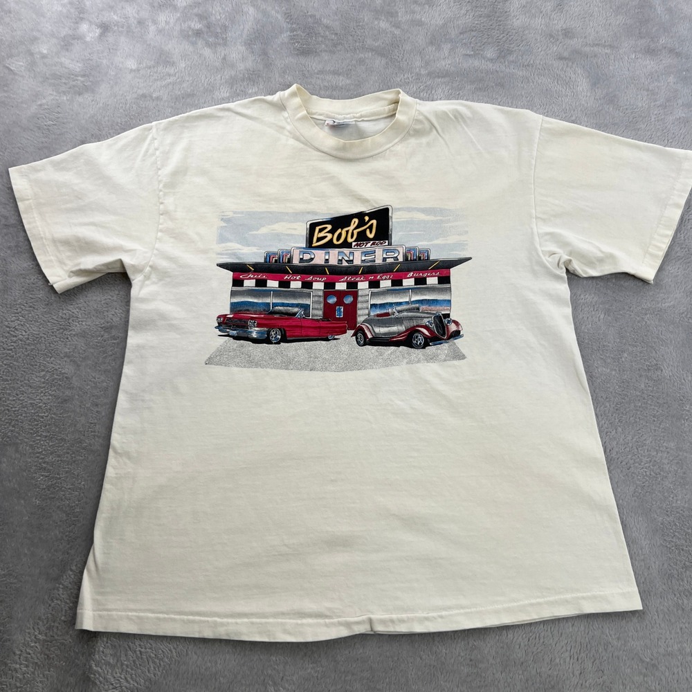 Hanes Bob's Diner Hot Rod Graphic T-Shirt L White Men Vintage 90s Single Stitch